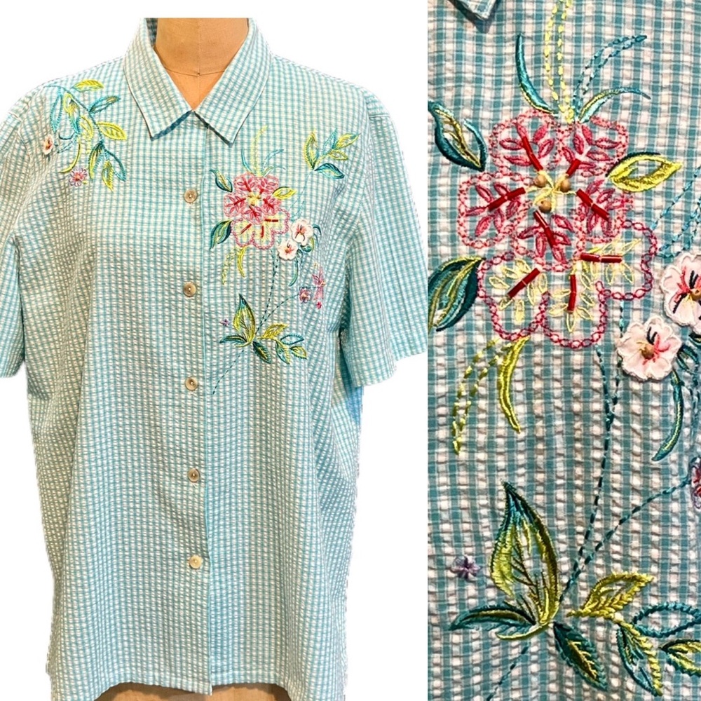 VINTAGE picnic gingham‎ check seersucker plaid button down shirt aqua floral 90s